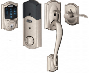 Schlage Connect Camelot Touchscreen Deadbolt with Built-In Alarm and Handleset Grip with Accent Lever