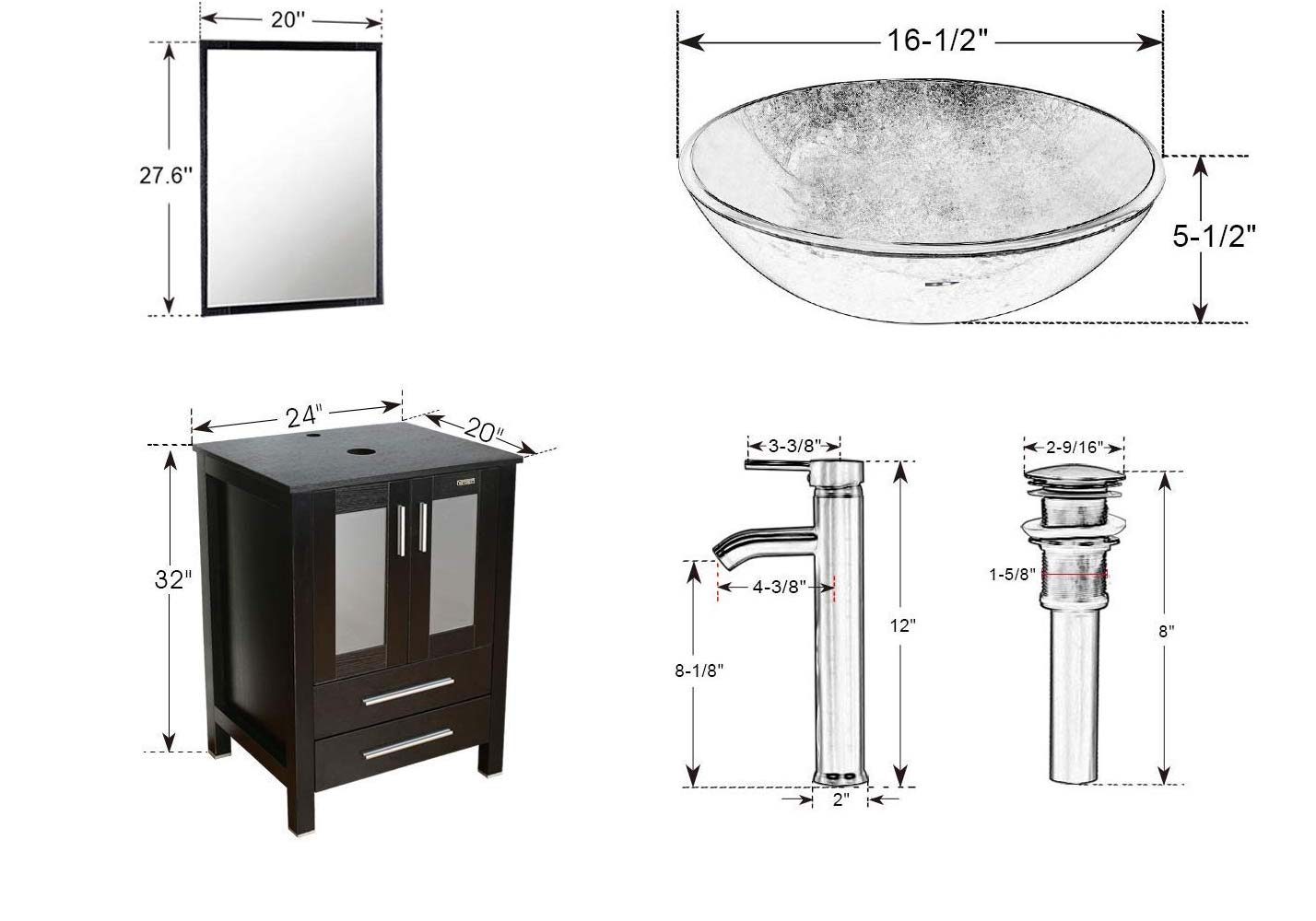 eclife 24 inch Bathroom Vanity Combo Modern MDF Cabinet with Vanity Mirror Tempered Glass