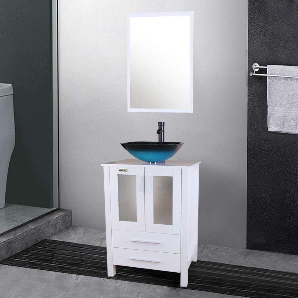 eclife 24inch Bathroom Vanity and Sink Combo White Small Vanity Turquoise Square Tempered Glass Vessel Sink